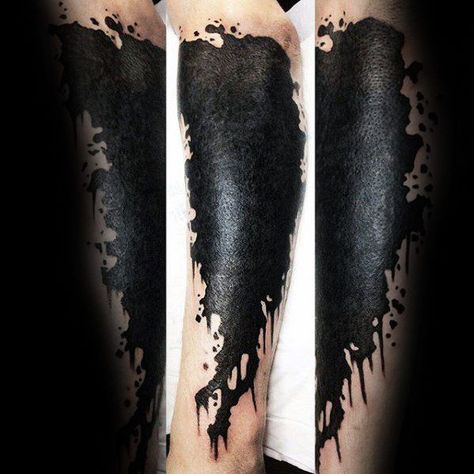 Splatter Tattoo Black, Blackwork Cover Up Tattoo Ideas, Black Out Design Tattoo, Leg Coverup Tattoo Men, Best Cover Up Tattoos For Men Forearm, Void Tattoo Cover Up, Black Out Tattoo Leg, Black Splatter Tattoo, Gothic Cover Up Tattoos