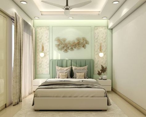 Pastel Green Spacious Master Bedroom Design With Large Window | Livspace Peripheral False Ceiling, Wall Trims, Cove Light, Wallpaper House Design, Guest Bedroom Design, Study Room Design, Kids Bedroom Designs, Pooja Room Design, Large Window