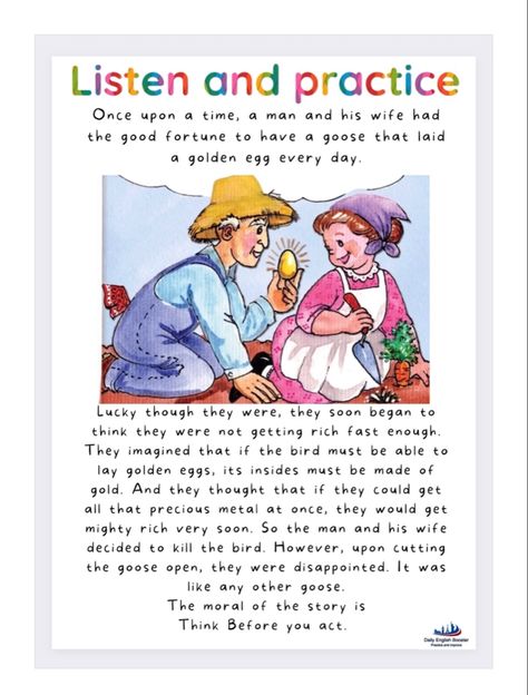 English moral story - The goose and the golden egg. Small Stories For Kids, English Moral Stories, Moral Stories In Hindi, Lesson Plan Template Free, English Short Stories, Reading Comprehension Lessons, Moral Stories For Kids, Kids Story, Short Stories For Kids