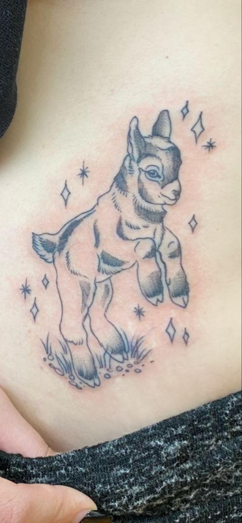 Pygmy Goat Tattoo, Goat Tattoos For Women, Moonrise Tattoo, Goat Tattoo Cute, Baby Goat Tattoo, Baby Goat Drawing, Cute Goat Tattoo, Goat Tattoo Design, Felix Tattoo