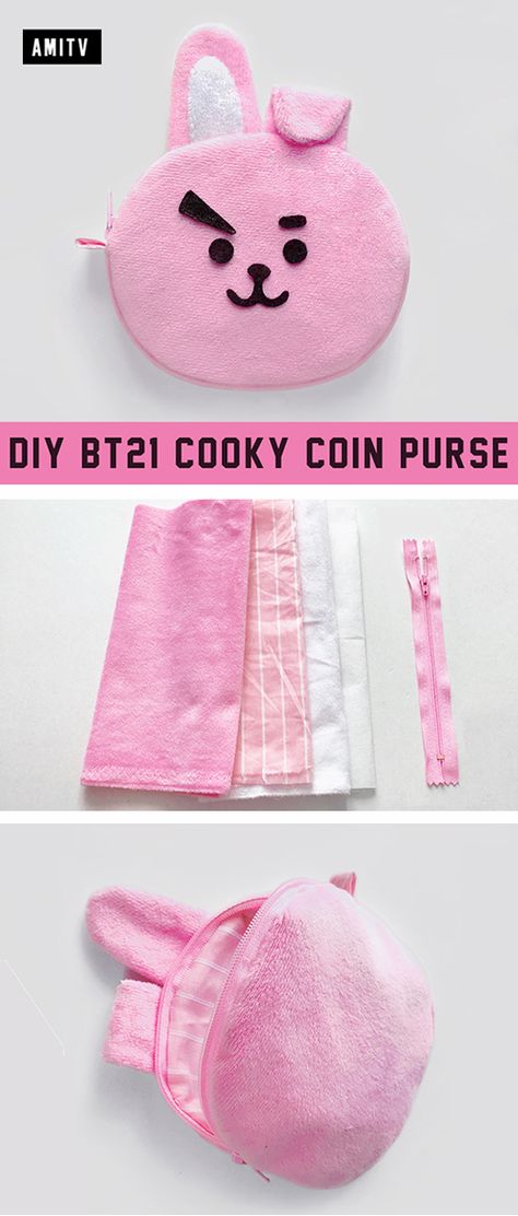 Amitv DIY BT21 Cooky Coin Purse | Sewing Gift Ideas | Heart Purse Bag Pattern & tutorial 🐰 BTS Jungkook 💜 Cute & Kawaii Kpop characters 💜 DIY &  #tutorial #sew #free #pattern #diy #ideas #sewing #sewingtutorial #BT21 #CoinPurse #BTS #Jungkook #Kpop #handmade #Amitv Bt21 Cooky And Jungkook, Bts Crafts Ideas, Sew Free Pattern, Bts Jungkook Cute, Bts Diy, Bt21 Cooky, Purse Sewing, Heart Purse, Patchwork Fashion