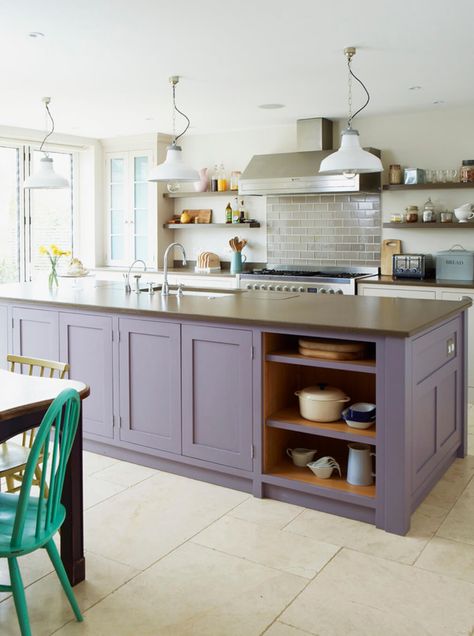 7 Easy Ways to Decorate With Lilac - https://freshome.com/decorate-with-lilac/ White Galley Kitchens, Galley Kitchen Renovation, Purple Cabinets, Lavender Kitchen, Kitchen Peninsula, Purple Kitchen, Farmhouse Kitchen Remodel, White Kitchen Remodeling, Kitchen Remodel Before And After