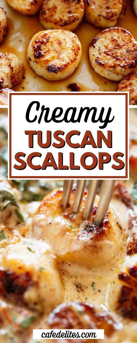 Creamy Tuscan Scallops are coated in a light sauce filled with garlic, sun-dried tomatoes, and spinach! Nothing melts in your mouth quite like tender-crisp and buttery scallops. The creamy sauce is to die for! Serve these Creamy Tuscan Scallops over low-carb favourites, like zoodles, cauliflower rice, spaghetti squash, or any of your favourite veggies. Or for a carb-loaded meal, think mashed potatoes, pasta, rice, or garlic bread to soak up that cream! Tuscan Scallops, Scallop Recipes Healthy, Shrimp And Scallop Recipes, Seafood Dish Recipes, Light Sauce, Pasta Rice, Delicious Seafood Recipes, Best Seafood Recipes, Shrimp Recipes For Dinner