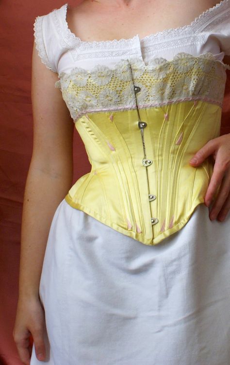 Silk corset, made after a 1880 pattern © Nanzouk Corsets www.nanzouk.com Yellow Lingerie, Woman Silhouette, Corset Style, Fashion History, Bridal Gowns, Sleeveless Top, Vintage Outfits, Flower Girl Dresses, Ruffle Blouse