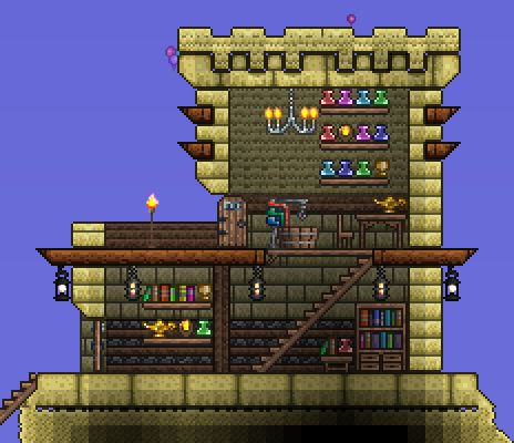 Desert Npc House Terraria, Terraria Dye Trader House, Terraria Blacksmith House, Desert Terraria Builds, Terraria Dessert House Ideas, Desert Terraria House, Terraria Merchant Shop, Terraria Sand House, Terraria Hospital