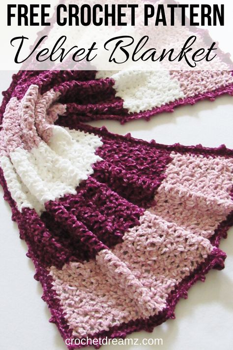 This free crochet blanket pattern features a unique lace stitch and a gorgeous picot border. The easy step by step tutorial is suitable even for beginners. This afghan looks luxurious in chunky Bernat Velvet yarn. Make one for you or for your baby. #crochetblanket, #crochetafghan, #crochetblanketpatternfree, #easycrochetblanket, #crochetbabyblanket, #crochet, #crochetblanketpattern Bernat Patterns, Bernat Velvet, Velvet Crochet, Crochet Blanket Tutorial, Blanket Tutorial, Simple Stitch, Bernat Blanket, Crocheted Blanket, Velvet Yarn