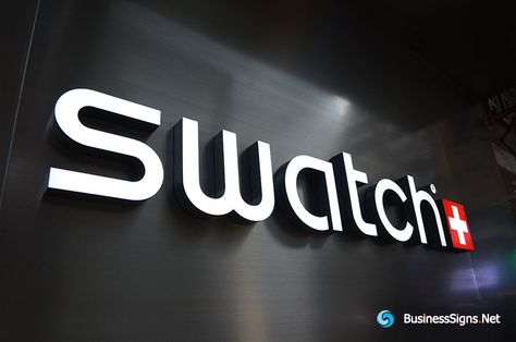 3D LED Front-lit Signs With Painted Acrylic Letter Shell For Swatch Front Lit Signage, Baby Store Display, Hotel Signage, Acrylic Signage, Exterior Signage, Lighting Logo, Logo Wall, Acrylic Letters, Clinic Design