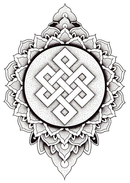 A buddhist endless knot in a pen and ink dotwork mandala. Hand drawn with no digital aid. Buddhist Mandala Tattoo, Endless Knot Tattoo, Simple Mandala Tattoo, Dotwork Tattoo Mandala, Dotwork Mandala, Karma Tattoo, Mandala Hand Tattoos, Geometric Mandala Tattoo, Buddha Tattoo Design