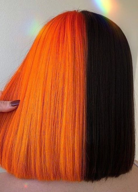 Half Orange And Black Hair, Split Dyed Hair Black And Orange, Split Dyed Hair Orange, Split Colour Hair, Black And Orange Hair Split, Orange Split Dyed Hair, Half Orange Half Black Hair, Orange And Black Split Dye, Half Black Half Orange Hair