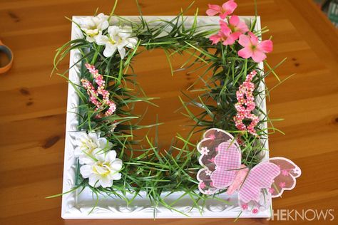 Make a picture frame wreath for spring – SheKnows Make A Picture Frame, Picture Frame Wreath, Spring Decorations, Picture Frame Decor, Floral Picks, Diy Picture Frames, Wreath Hanger, Easter Season, Simple Pictures