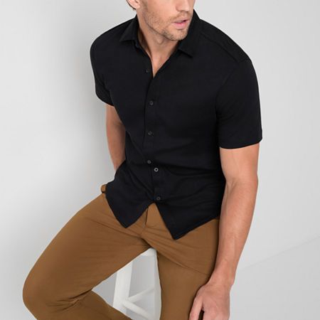 This Stylus men's button-down shirt is a sleek style you can dress up or down in warmer temps. Made from 100% cotton, this short-sleeve style has a spread collar and a regular-fit. Wear it with jeans or chino shorts. Closure Type: ButtonFit: Regular FitNeckline: Collar NeckSleeve Length: Short SleeveApparel Length: 29 InchesFiber Content: 100% CottonFabric Description: InterlockCollar: Spread CollarCare: Tumble Dry, Machine WashCountry of Origin: Imported Men’s Casual Formal Wear, Men’s Office Casual, Mens Summer Date Night Outfit, Khaki Pants Outfit Men Wedding, Black Shirt Khaki Pants Outfit Men, Men’s Wedding Guest Outfit Semi Casual, Khaki Pants Outfit Men Formal, Casual Wedding Outfit Guest Men, Casual Wedding Outfit Men