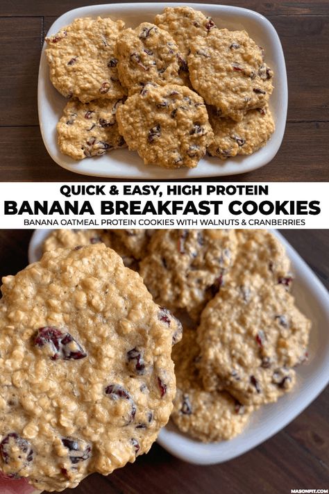 Banana Breakfast Cookies Oatmeal Protein Cookies, Banana Breakfast Cookies, Mason Woodruff, Banana Breakfast Cookie, Breakfast Cookie Recipe, Macro Friendly Recipes, Banana Breakfast, Walnut Cookies, Protein Desserts