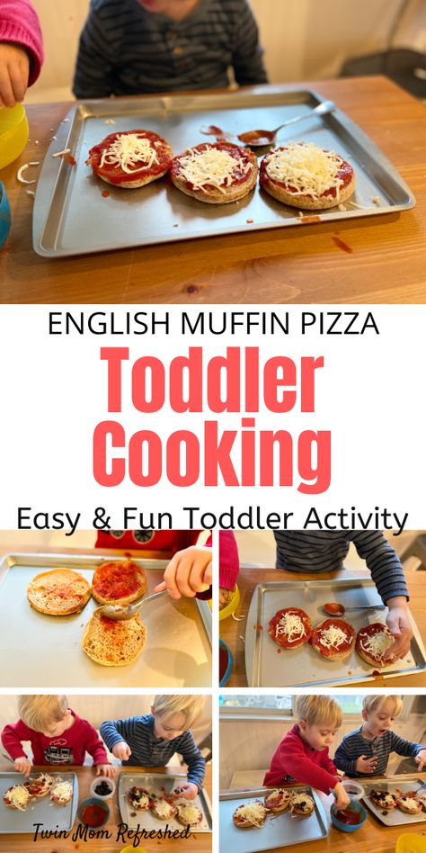 Have your toddler help make their own meal for dinner or lunch with this easy toddler recipe! My twin toddlers love making their own pizzas and they are learning so much such as math skills and life skills from this easy toddler activity! A great cooking activity for toddlers, preschoolers, and kids! Toddler Recipe, Meal For Dinner, Cooking With Toddlers, Preschool Cooking, English Muffin Pizza, Easy Toddler Meals, Baking Easy, Mini Chef, Kids Cooking Recipes