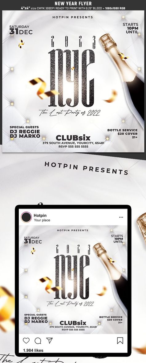 New Year Eve Flyer Template is very modern psd flyer that will be the perfect invitation for your NYE event or club party! All elements are in individual layers and the text is fully editable! 2 PSD files – 4”x4” with 0.25” bleed + 1080×1080 rgb Social Media ready #clubflyer #design #instagram #flyer #invitation #party #nightclub #event #print #djflyer #socialmedia #partyflyer #flyerdesign #partyflyer #newyear #nye #xmas #newyearseve New Year's Eve Flyer, Instagram Flyer, New Year Eve, Invitation Party, Psd Flyer, Nye Party, Bottle Service, Club Flyers, Club Parties