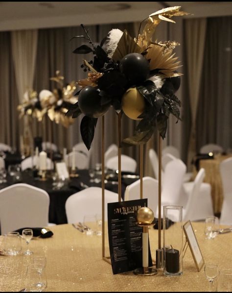 60th Birthday Gala, Mens Table Decorations, Black White Gold Centerpieces Simple, Men’s 60th Birthday Centerpieces, Centerpieces For 50th Birthday For Men, Center Piece For Men’s Party, 40th Birthday Party Centerpieces For Men, Masculine Party Centerpieces, Black Gold And Cream Birthday Party