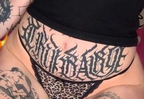 Tummy Tattoo Plus Size, Lower Stomach Tattoos Stars, Lettering On Stomach Tattoo, Plus Size Stomach Tattoo, Goth Stomach Tattoos For Women, Gothic Font Stomach Tattoo, Stomach Tattoos, Pretty Tattoos For Women, Tattoo Design Drawings