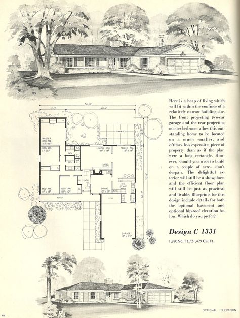 1960s Homes, Efficient Floor Plans, Vintage House Plans 1960s, House Plans Vintage, 3 Room House Plan, Mid Century Houses, Vintage Floor Plans, 1960s House, Vintage Homes