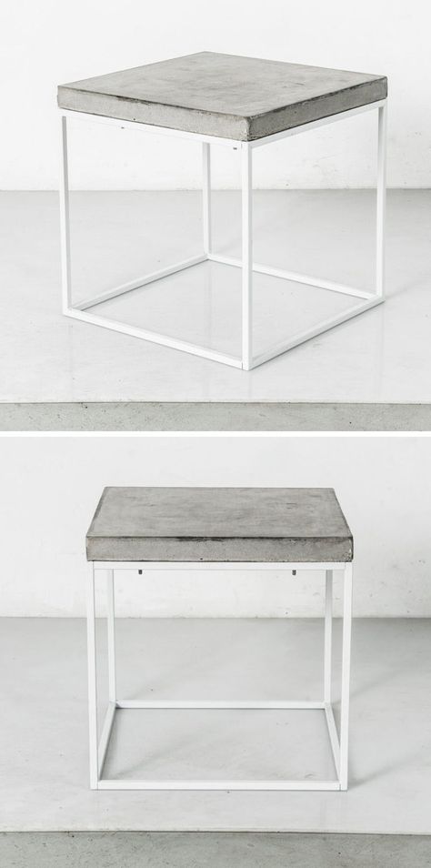 10 Examples Of Concrete and Steel Tables To Add To Your Industrial Interior // This table with a simple steel frame and a concrete top could easily help to industrialize a space. Cement Industrial Design, Concrete Office Table, Industrial Moodboard, Concrete Tray Table, Concrete Cube Table, Concrete Minimalist Side Table, Industrial Sofa, Art Hotel, Optical Shop