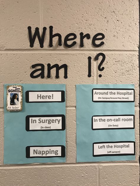 Greys Anatomy Spring floor theme #RA #ResidentAssistant #SpringFloorTheme #GreysAnatomy #Walldecor Greys Anatomy Ra Board, Greys Anatomy Bulletin Board, Ra Where Am I, Dorm Floor Themes, Where Am I Board, Ra Floor Themes, Hall Themes, Resident Assistant Door Decs, Ra Decorations