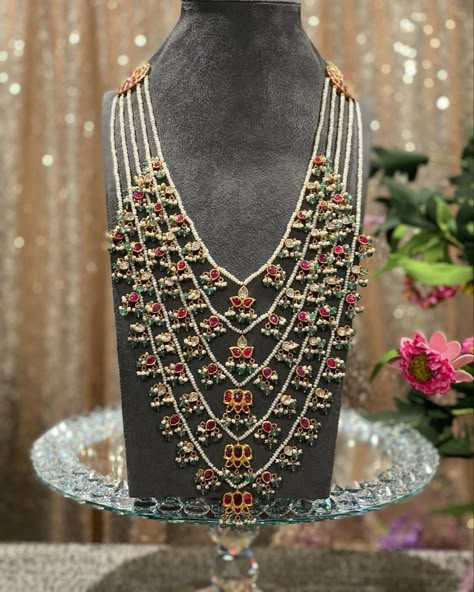 Sath Lada Haar, Sath Lada Necklace, Sathlada Jewellery, Panch Lada, Satlada Necklace, Satlada Haar, Step Chain, Pearl Mala, Temple Jewelry Necklace