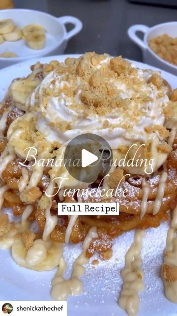 FoodHQ on Instagram: "Banana Pudding Funnel Cake 😍🍌  🎥 By: @shenickathechef   Pudding Ingredients •1 pack jello French vanilla instant pudding •1 pack jello Cheesecake instant pudding •1 1/4 cup of plantbased milk  •Splash of banana extract (optional) •1 container of cream cheese  1 can of condensed milk •Half of a lemon squeezed •1 tub of plantbased cool whip  Funnel cake ingredients •2 cups Pancake mix •1/4 of apple sauce is equivalent to one egg as replacement so use 2/4 cup •2 TB oil •1 1/2 cup of plantbased milk  Oil for frying   Topping @nabiscosnacks lorna doone cookies crumbled, @reddiwip almond milk whipped cream and sliced bananas for topping  Directions  Add pudding mix, milk, and banana extract to a bowl and whisk until smooth. This is you base and should be placed in the fr Banana Pudding Funnel Cake, Almond Milk Whipped Cream, Jello Cheesecake, Banana Extract, Lorna Doone, Milk Splash, Apple Sauce, Funnel Cake, Pancake Mix