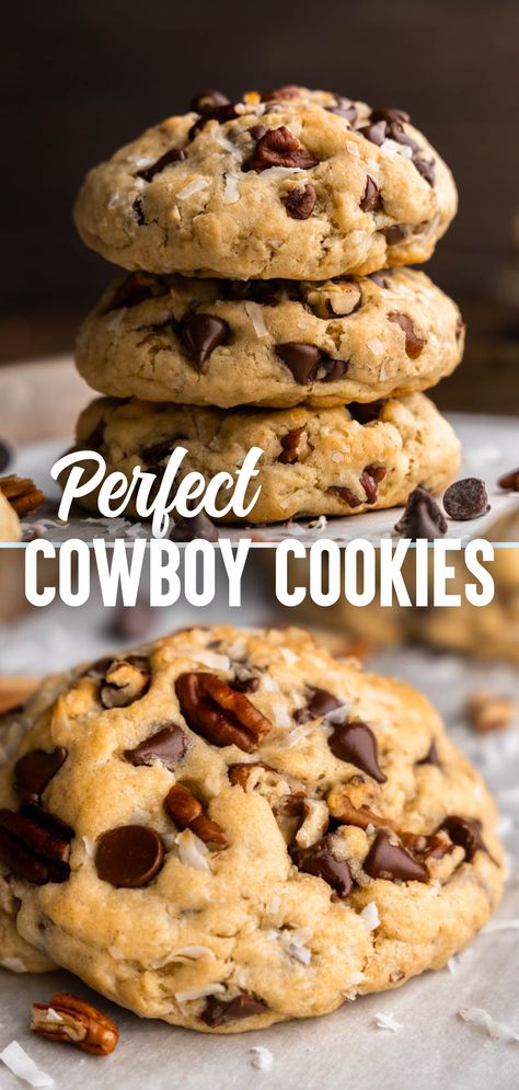 A top image of three thick chocolate chip cookies stacked on top of each other in a tower surrounded by chocolate chips, and a bottom image of a closeup of a large chocolate chip cookie loaded with chocolate chops, pecan pieces and shredded coconut on a baking sheet. Cowboy Cookies Recipe, Farmhouse Cooking, Sweet Salads, Cowboy Cookie Recipe, Cowboy Cookies, Butter Recipes, Oatmeal Chocolate, Chocolate Dessert, Semi Sweet Chocolate Chips