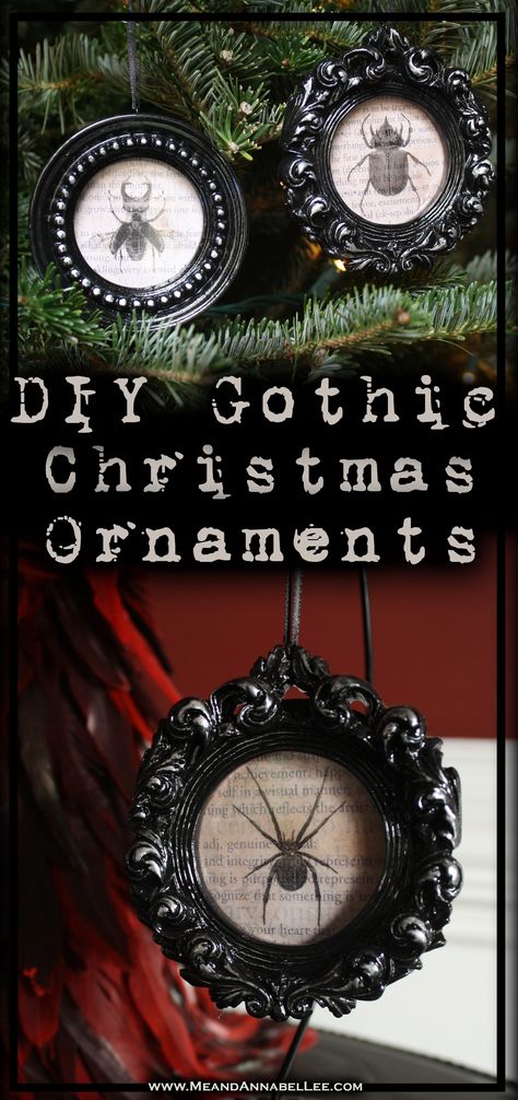 DIY Gothic Christmas Ornaments | Vintage Insect Specimens | Halloween Everyday | Black Baroque Frames | Rub n Buff | Sihouette Sticker Paper | www.MeandAnnabelLee.com Gothic Christmas Ornaments, Gothic Crafts, Diy Gothic, Halloween Christmas Tree, Christmas Ornaments Vintage, Framed Insect, Goth Things, Gothic Ideas, Annabel Lee