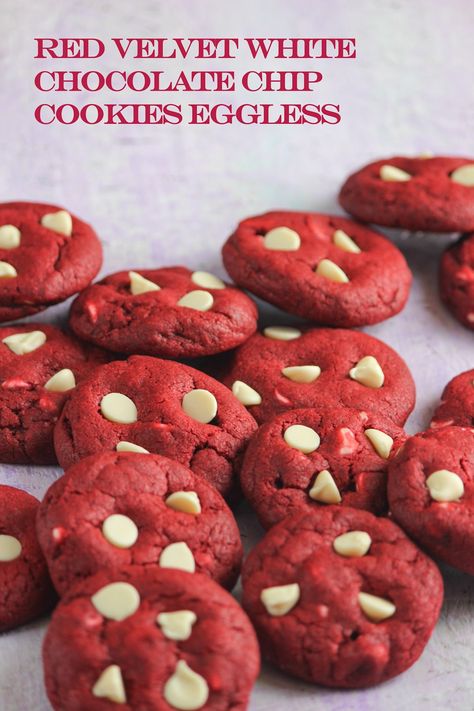 Eggless Red Velvet Cookies, Chocolate Chip Cookies Eggless, Oatmeal Breakfast Bars Healthy, Red Velvet Chocolate Chip Cookies, Cookies With White Chocolate Chips, Cookies Eggless, Colored Cookies, Cookies With White Chocolate, Eggless Chocolate Chip Cookies