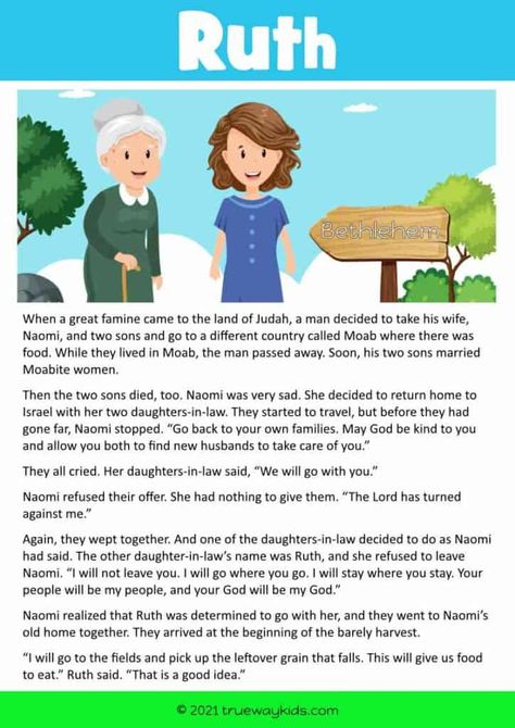 Ruth Bible story for kids Ruth And Naomi Bible Story Preschool, Story Of Ruth Bible, Bible Questions For Kids, Bible Story For Kids, Naomi Bible, Bridge Kids, Bible Lesson For Kids, Ruth Bible, Old Bible