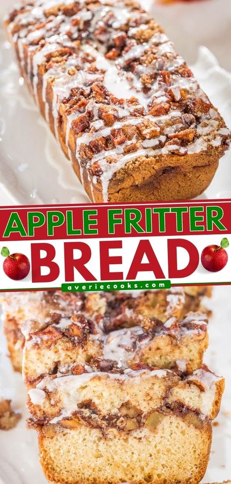 Apple Fritter Bread Recipe (So Easy!) - Averie Cooks Apple Fritter Bread Recipe, Fritter Bread Recipe, Soft Fluffy Bread, Bread Machine Recipes Sweet, Easy Bread Machine Recipes, Apple Bread Recipe, Fluffy Bread, Baking List, Apple Cinnamon Bread