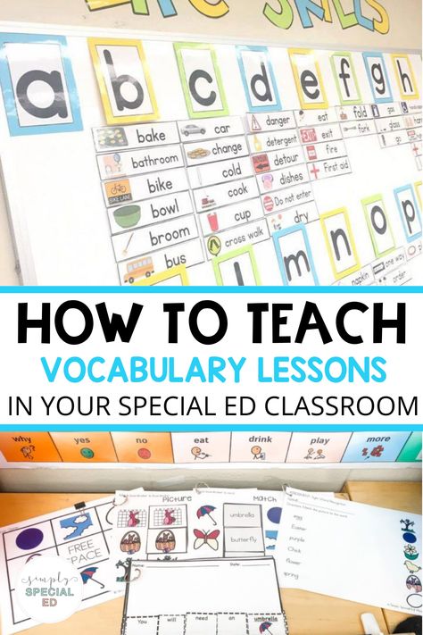 Teaching vocabulary in special education is crucial! Teaching monthly vocabulary lessons in special education is a great way to cover important vocabulary. Use new vocabulary words during morning meetings, lunch, and other times throughout the day. Use a word wall in your special education classroom. You can use a functional life skills word wall too. Using file folders to teach vocabulary is another great one. Or having literacy centers and vocabulary games setup are helpful too. Functional Sight Words Special Education, Reading Centers Special Education, Functional Vocabulary Words, Functional Reading Activities Life Skills, Ela Special Education, Functional Reading Special Education, Special Education Games, How To Teach Vocabulary, Special Education Centers