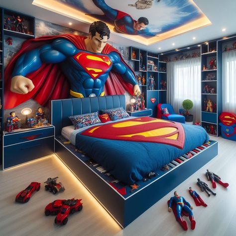 Bring Superman to bedroom 💤🛏️ Boy Room Decor Ideas For Kids, Superhero Room Ideas, Superman Bed, Marvel Boys Bedroom, Spiderman Kids Room, Superman Bedroom, Superman Room, Baby Boy Room Design Ideas, Unique Bed Design