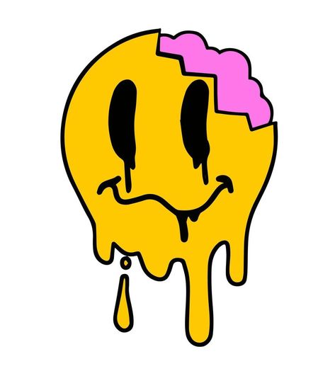 Acid smile face with brain. Melted rave and techno symbol of 90s. Trendy Psychedelic print Smiley Dripping Face, Melted Happy Face, Rave Smiley Face, Trippy Happy Face, Drippy Smiley Face, Melting Smiley Face Svg, Melting Face, Typographic Artwork, Vintage Stickers