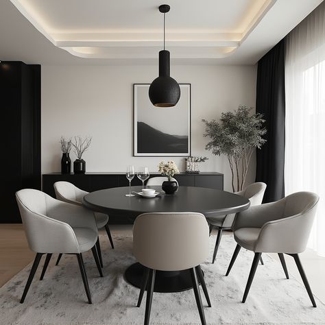 A modern dining room with a round black table, beige chairs, chic lighting, and abstract wall art. - modern dining room, minimalist decor, neutral palette, contemporary design, black and beige, elegant lighting, abstract artwork, chic minimalism Black Table Gray Chairs, Round Black Table, Monochrome Dining Room, Dining Room Minimalist, Table Beige, Monochromatic Decor, Christmas Dining Table Decor, Beige Chair, Room Vibes