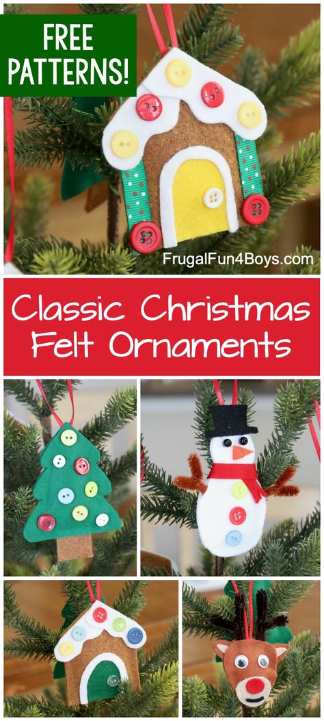 Adorable Felt Christmas Ornaments (with Patterns) - Awesome Christmas craft for kids. I love how these use simple supplies from the craft closet. #christmas #christmasornaments #feltcrafts #feltornaments #kidsactivities #kidscrafts Christmas Felt Ornaments, Printable Christmas Ornaments, Diy Felt Christmas Ornaments, Felt Ornaments Patterns, Felt Crafts Christmas, Christmas Felt, Handmade Inspiration, Felt Christmas Tree, Christmas Ornament Pattern