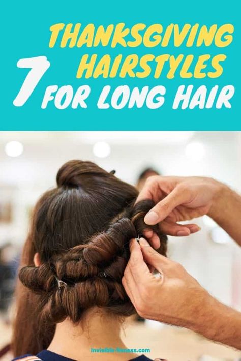 Image of a brunette woman getting her hair styled, the words '7 cute Thanksgiving hairstyles for long hair' written on top Hairstyles For Thanksgiving, Romantic Updos, Thanksgiving Hairstyles, Thanksgiving Hair, Long Hair Care, Ballerina Bun, Cute Natural Hairstyles, Hbd Quotes, Hairstyles Straight