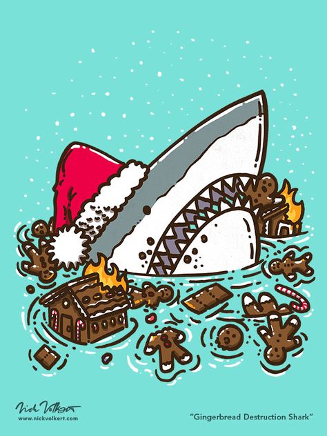 A shark peaking out of water with a Santa stocking cap, with various destroyed gingerbread men and housese Fire Destruction, Christmas Shark, Shark Christmas, Christmas Posters, All Things Gingerbread, Christmas Merchandise, Illustration Christmas, Diy Vintage Decor, Shark Party