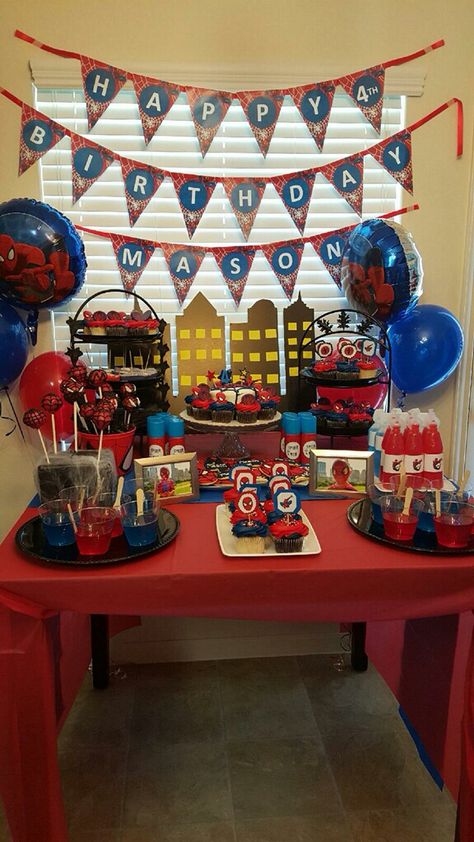 Spiderman Cake Table, Spiderman Dessert Table, Spider Man Theme, Birthday Spiderman, 6th Birthday Cakes, Spiderman Cake, Table Set Up, 4th Birthday Parties, Cake Table