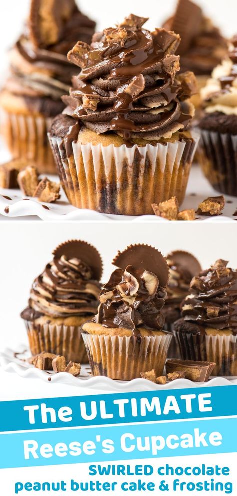 Chocolate peanut butter swirled cake and chocolate peanut butter swirled frosting makes these the ULTIMATE Reese’s Cupcakes! Plus there’s chopped peanut butter cups in the cake batter! We know you’ll fall in love with this reese’s cupcake with reese’s frosting. #reesescupcakes #chocolatepeanutbutter #peanutbuttercupcakes Reeses Cupcakes Easy, Recess Peanut Butter Cupcakes, Recess Dessert, Recess Cupcakes, Reese’s Peanut Butter Cupcakes, Reese’s Cupcakes, Reeses Cupcake, Reese Cupcakes, Swirled Frosting