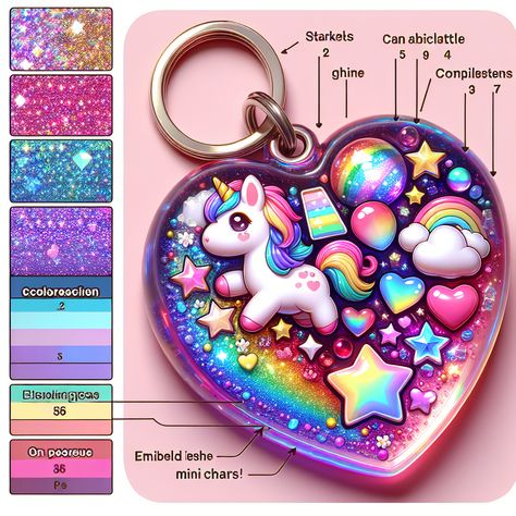 This magical, glossy resin keychain is the perfect accessory for teenage girls. Shaped like a heart, it's embedded with mini unicorn and rainbow charms. Sparkling stars and iridescent glitters dance in its pastel-colored core, making it an enchanting piece. #PastelResinArt #EnchantedKeychain #TeenAccessories #UnicornCharms #RainbowKeychain #GlitteryGifts Resin Art Keychain, Alter Decor, Barbie Party Decorations, Art Keychain, Unicorn And Rainbow, Keychain Ideas, Rainbow Keychain, Rainbow Mermaid, Birthday Gifts For Boyfriend Diy