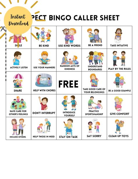 Character Values, Behavior Bingo, Respect Activities, Teaching Respect, Bingo Caller, Bingo Games For Kids, Family Home Evening Lessons, Bingo For Kids, Teaching Organization