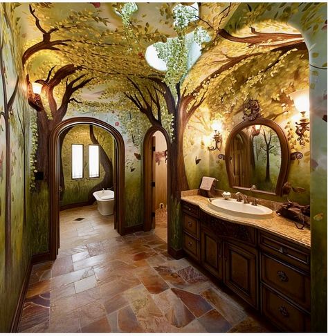 Fairy Lights Bathroom, Forestcore House, Fairycore Bathroom, Fairy Bathroom, Crazy Bathrooms, Forest Bathroom, Trip Room, Creating A Book, Powder Room Design Ideas