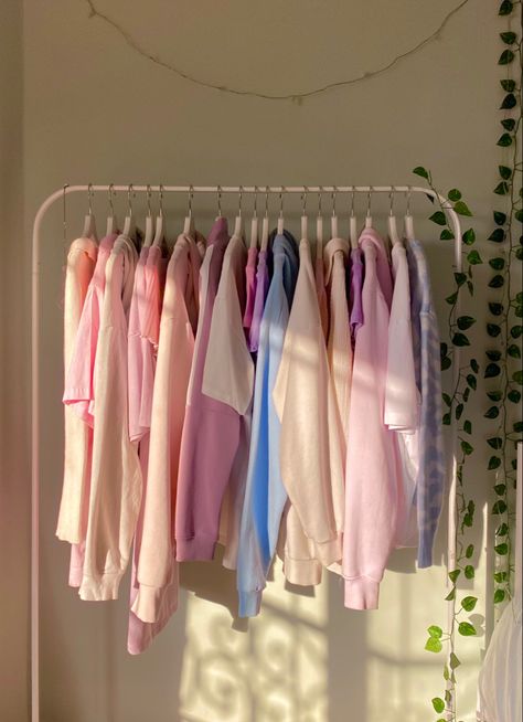 Clothes Rack Hanger, Pink Clothing Rack Aesthetic, Dress Hanger Stand Ideas, Closet Rack Aesthetic, Dress Hanger Stand, Bedroom Ideas Pastel Colors, Bedroom Ideas Pastel, Rowan Core, Clothing Rack Aesthetic