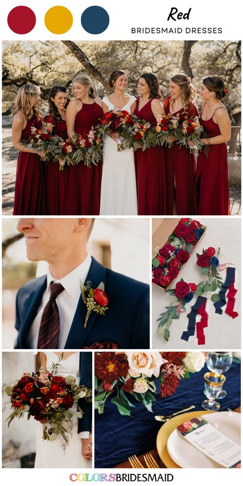 Red bridesmaid dresses on sale under $100, in 600+ custom-made styles and all sizes, white bridal gown, navy bridegroom suit and red flower corsage, red flower and greenery bouquet, navy blue wedding table runner and red flower and greenery centerpieces. #colsbm #bridesmaids #bridesmaiddresses #weddingideas #redwedding #bouquet #weddingtablerunner #bridegroomsuit #weddingdecor #weddingcenterpieces #reddress b2272 Navy Blue Red And Yellow Wedding, Wine Red And Navy Blue Wedding Theme, Royal Blue And Wine Red Wedding, Navy And Wine Red Wedding, Navy Red And Gold Wedding, Red Wedding Scheme, Navy Red Gold Wedding, Red And Navy Blue Wedding Theme, Dark Blue And Red Wedding Theme