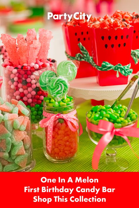 Watermelon Party Centerpieces, One In A Melon Table Decor, One In A Melon Birthday, Melon Birthday, Birthday Candy Bar, Watermelon Birthday Parties, Candy Centerpieces, Candy Bar Birthday, Candy Birthday Party