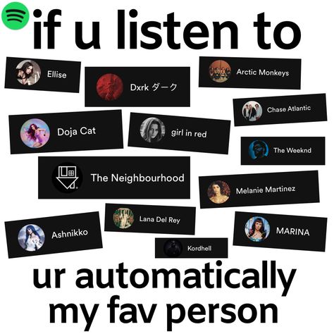 Fine music artists asf. Ur my beste if you listen to them. My @ on spotify is xinshy, bestie!<3 Save If You Listen To These Artists, Artists You Should Listen To, Artists To Listen To On Spotify, Types Of Music, Doja Cat, The Weeknd, Music Is, Arctic Monkeys, Cat Girl