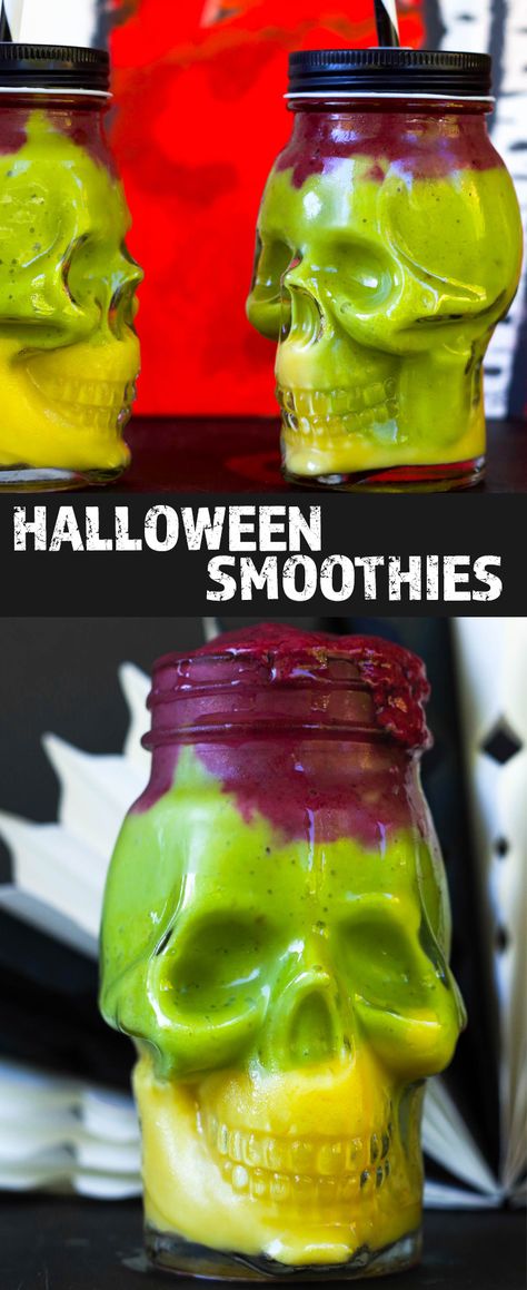 Easy Colorful Halloween Smoothies | Orange, GReen, Purple | Vegan | Refined Sugar-free By Beautiful Ingredient Halloween Smoothies, Sugar Free Smoothies, Vegan Halloween Food, Halloween Deserts, Mason Jar Drinks, Vegan Halloween, Orange Green Purple, Colorful Halloween, Vegan Kids