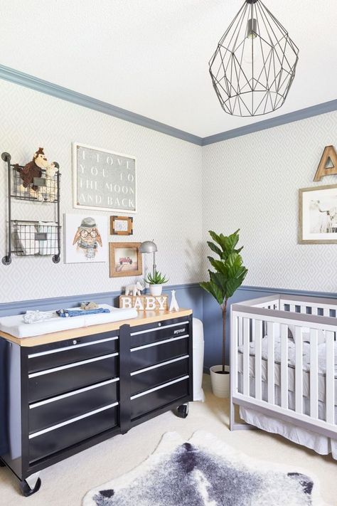 This baby boy's nursery has the most creative changing table ever: a tool bench! Boy Changing Table, Boy Nurseries, Change Table, Baby Boy Bedroom, Baby Changing Table, Toddler Classroom, Nursery Room Boy, Baby Boy Room Nursery, Nursery Room Inspiration