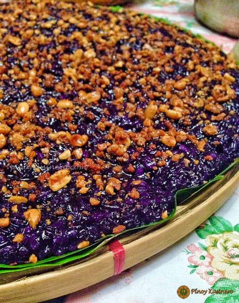 Biko na Pirurutong (Sweet Violet Rice Cake) | Pinoy Kusinero Ube Biko, Filipino Kakanin, Biko Recipe, Bibingka Recipe, Filipino Dessert Recipes, Philippine Cuisine, Filipino Snacks, Pinoy Dessert, Ube Recipes