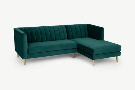 Amicie Right Hand Facing Chaise End Corner Sofa, Seafoam Blue Velvet | MADE.com L Shape Sofa Design, Green Sofa Decor, Shape Sofa Design, Green Sofa Living, L Shaped Sofa Designs, Green Sofa Living Room, Sofa Couch Design, Luxury Sofa Living Room, Sofa Design Wood